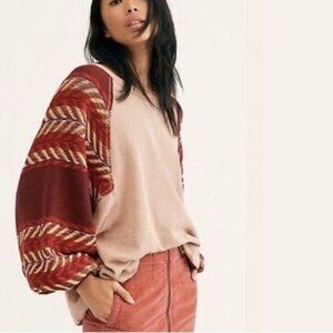 We the Free Oversized Blouse Contrast Sleeves Pink Maroon